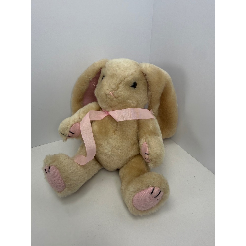 Vintage Tan Plush Bunny Rabbit Long Floppy Ears Pink Ribbon PA 1564 Easter Toy